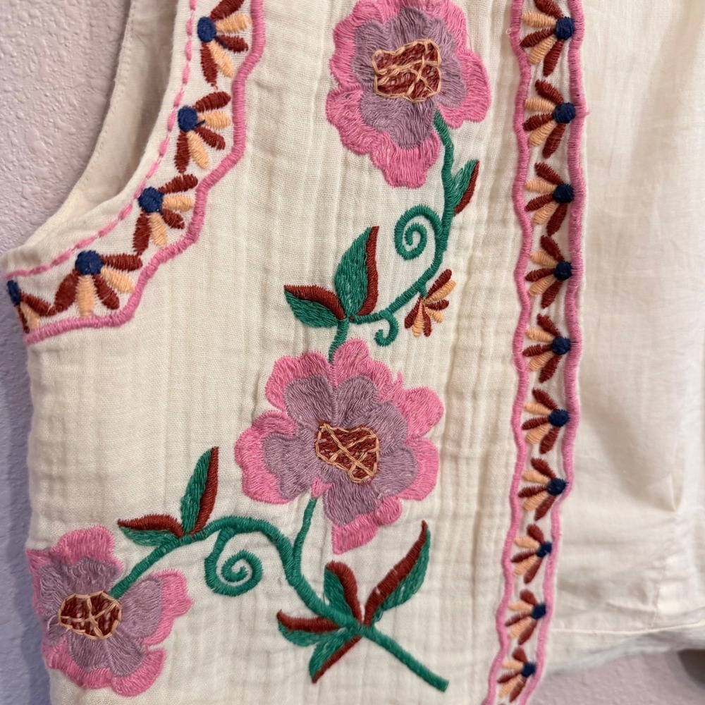 Zara Womens Embroidered Floral Vest Cream Cotton Gauze Boho Festival Size Medium - Picture 2 of 8